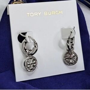 Silver Tory Burch Crystal-Embellished Drop Earrings - Designer Logo Medallion